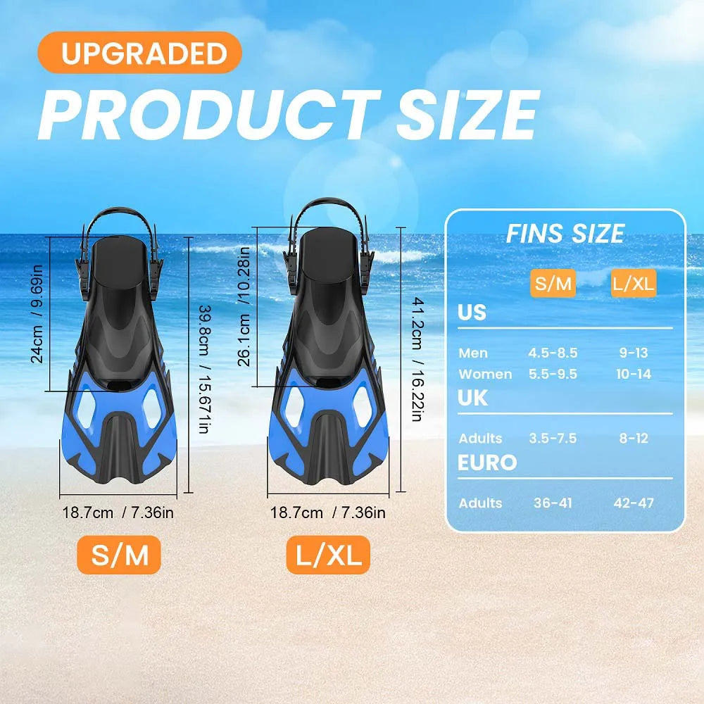 Snorkel Fins Swim Fins Travel Size Short Adjustable for Snorkeling Diving Adult Men Women Unisex Open Heel Swimming Flippers