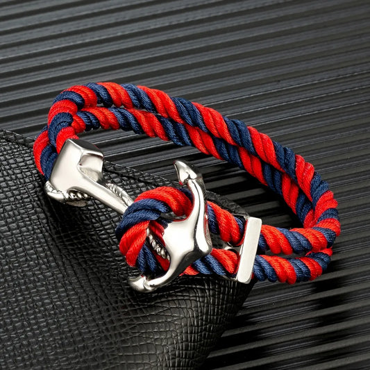 MKENDN Navy Style Anchor Bracelets Men Women Double Strand Mulitcolor Nautical Surfer Rope Bracelet Stainless Steel Boat Hook