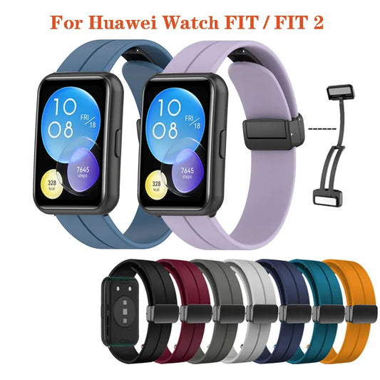 Fivela magnética dobrável pulseira para huawei watch fit 2 nova pulseira de silicone com conector