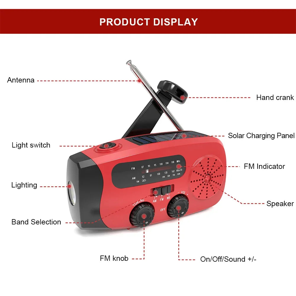 Portable Phone Charger with LED Lights Solar Hand Crank Radio USB Charged & Solar Power Multifunctional for Camping Emergency