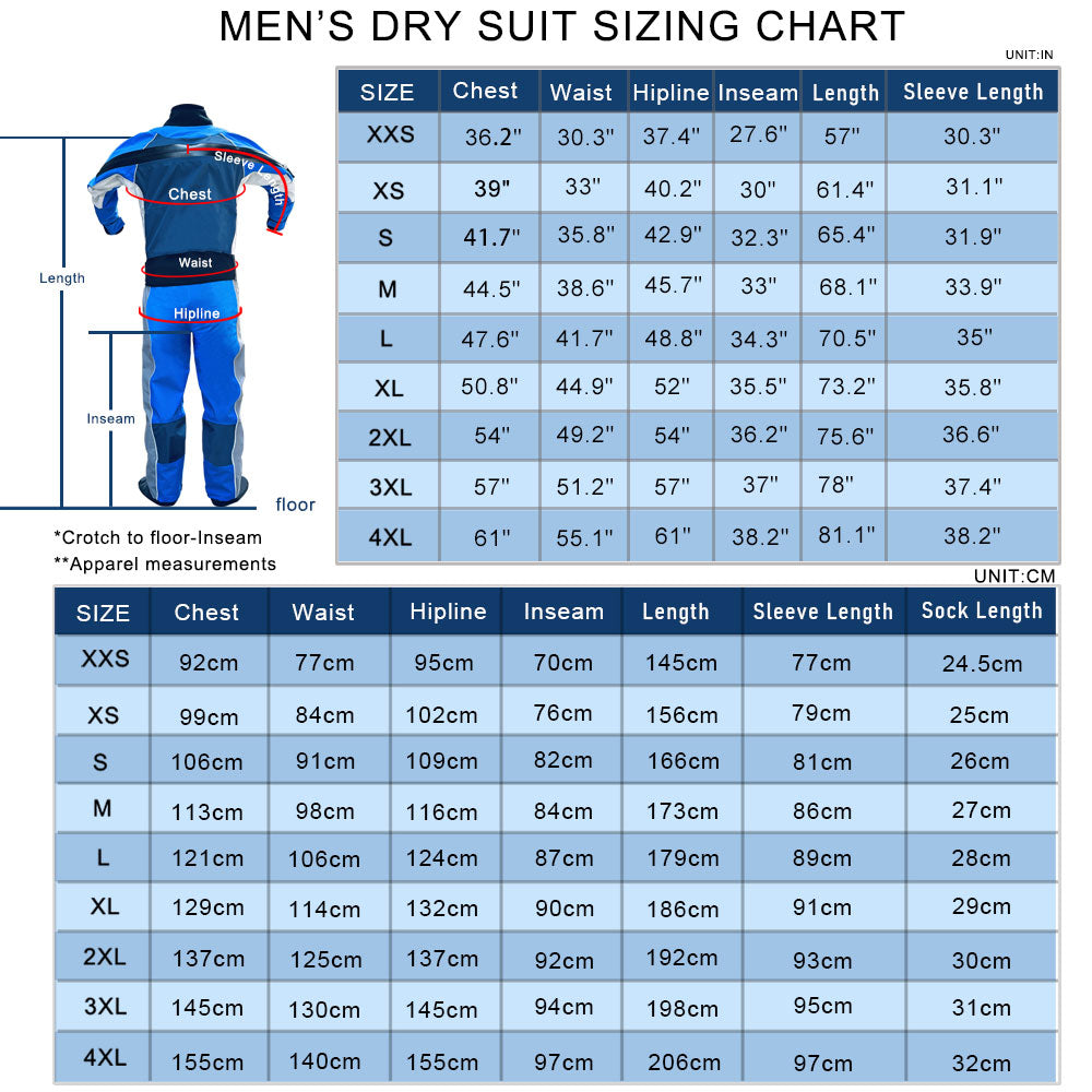 Mens Rear-Entery Drysuits For Kayaking Blue Dry Suit Waterproof Breathable Clothing for Whitewater Paddling,Swimming Keep Warm