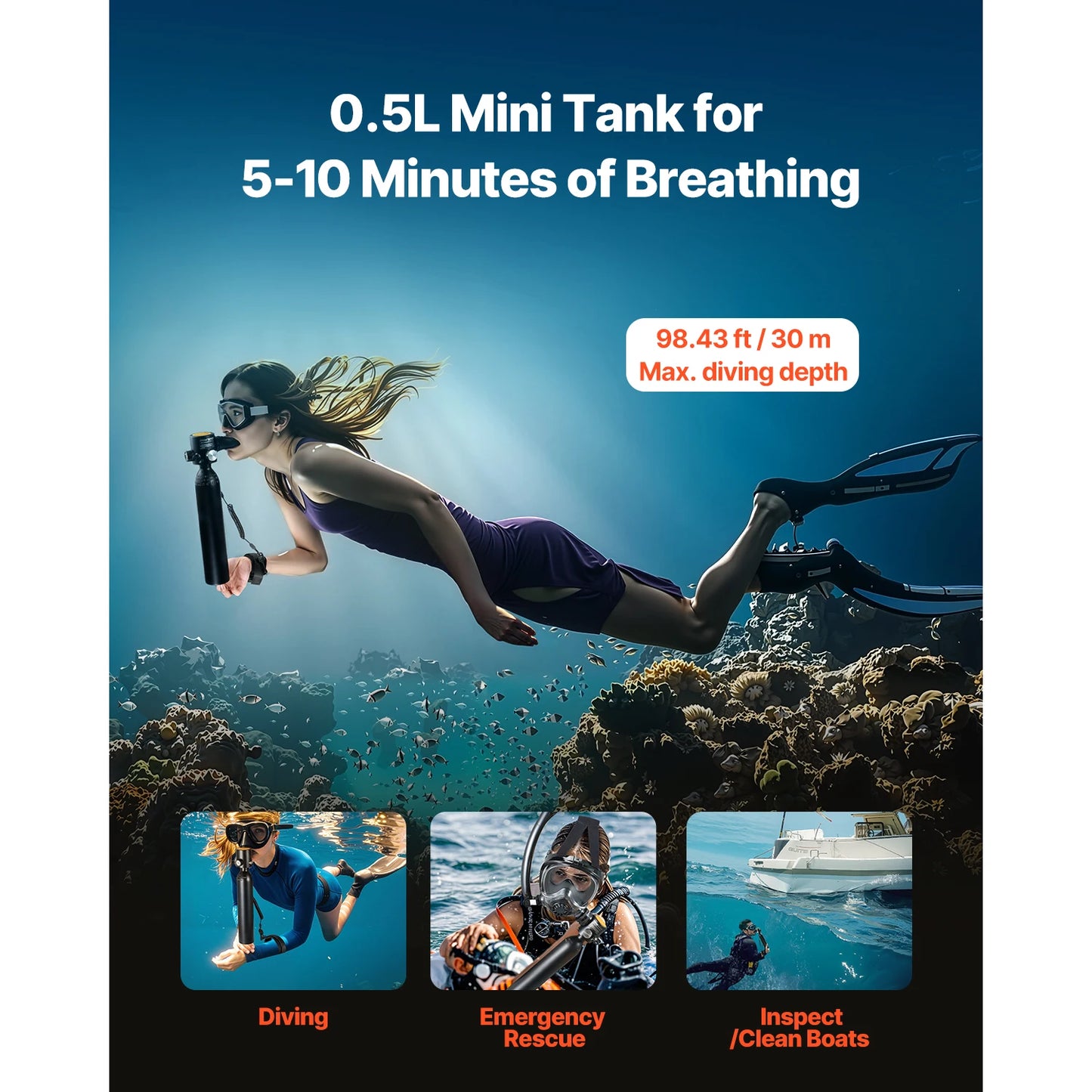 SucceBuy Scuba Tank 0.5 L Portable Diving Tank Diving Oxygen Cylinder Support 5-10 Minutes Underwater Breathing 98.43 ft Depth