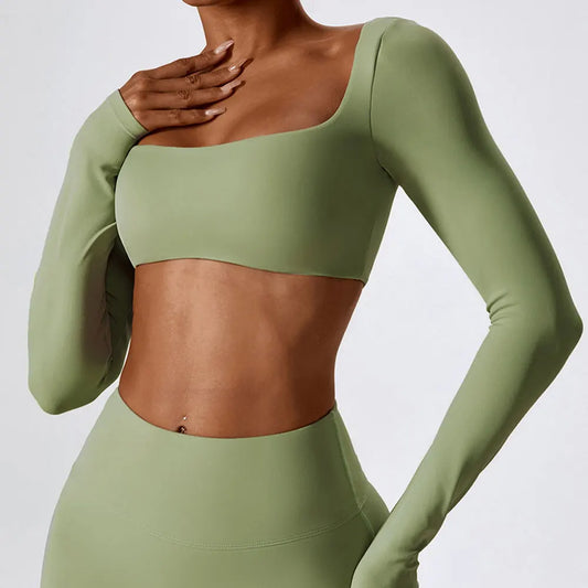 Women Workout Crop T Shirt Top Quick Dry Padded Sports Long Sleeve Gym Crop Tops Fitness Running Push Up Yoga Top
