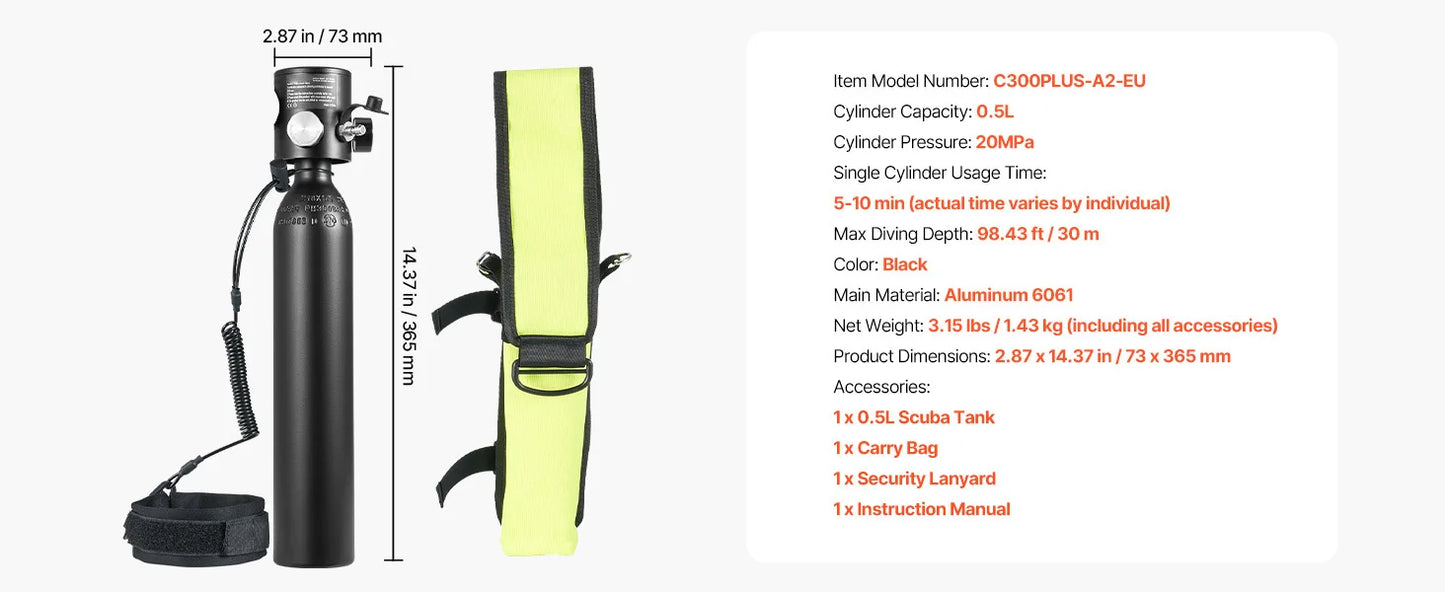 SucceBuy Scuba Tank 0.5 L Portable Diving Tank Diving Oxygen Cylinder Support 5-10 Minutes Underwater Breathing 98.43 ft Depth