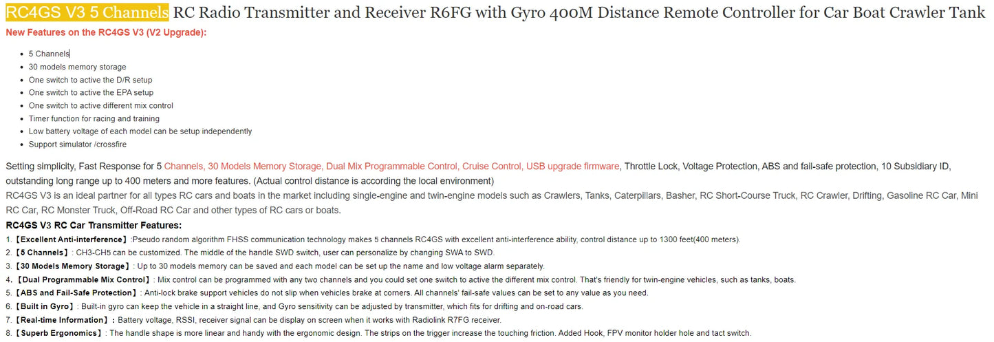 Radiolink RC6GS V3 2.4G 7 Channel Radio Transmitter with R7FG Receiver Gyro Telemetry Included Remote Controller for RC Car Boat