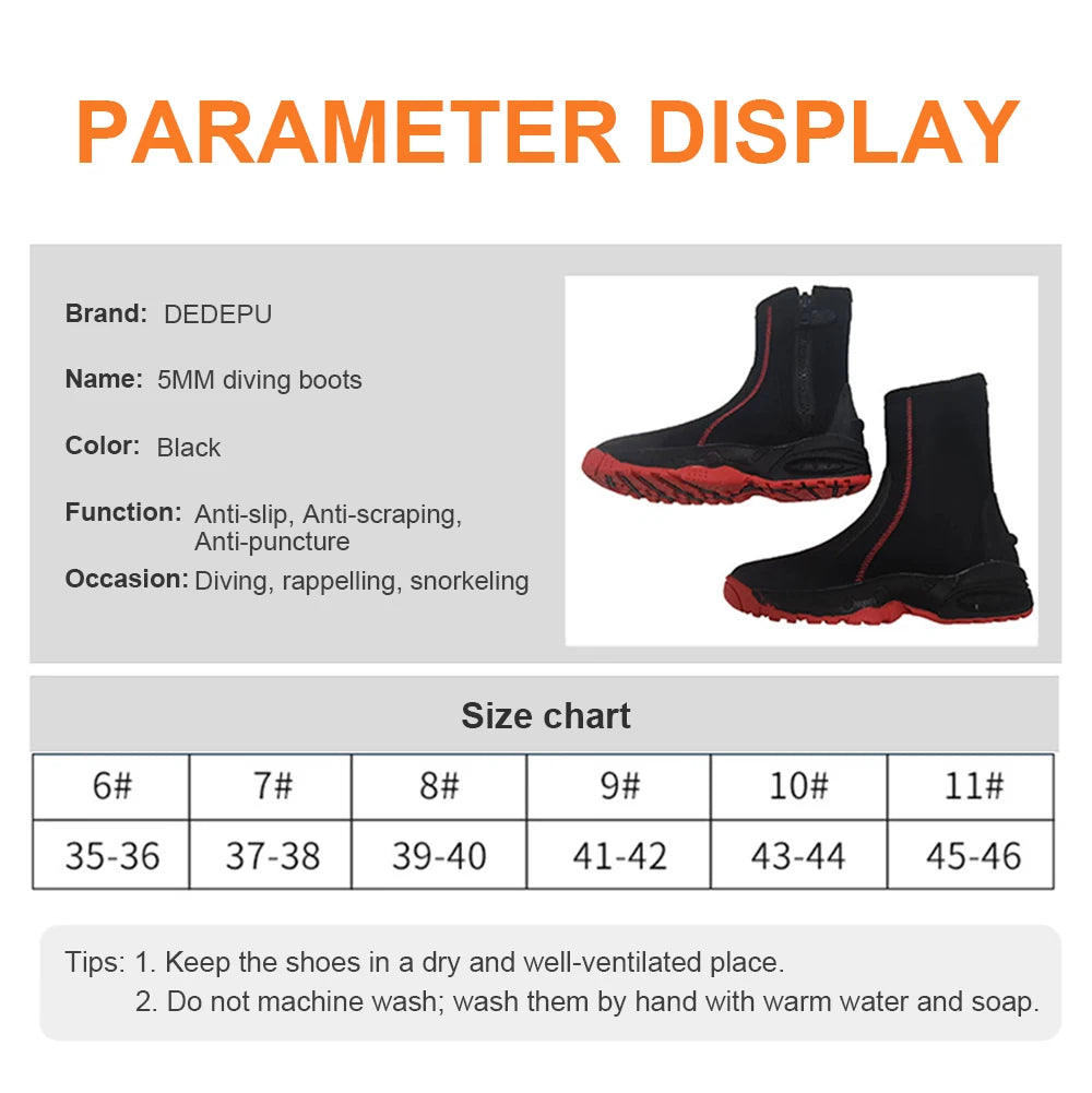 5mm Neoprene Durable Water Diving Boots with Chloroprene Rubber Shoelaces And Zippers for Warmth And Anti-Slip Short Boot
