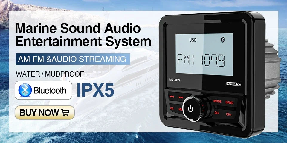 Marine Stereo Boat Radio Waterproof With Speaker Bluetooth FM AM Digital Media Audio Player For Yacht Gauge ATV UTV RV Golf Cart