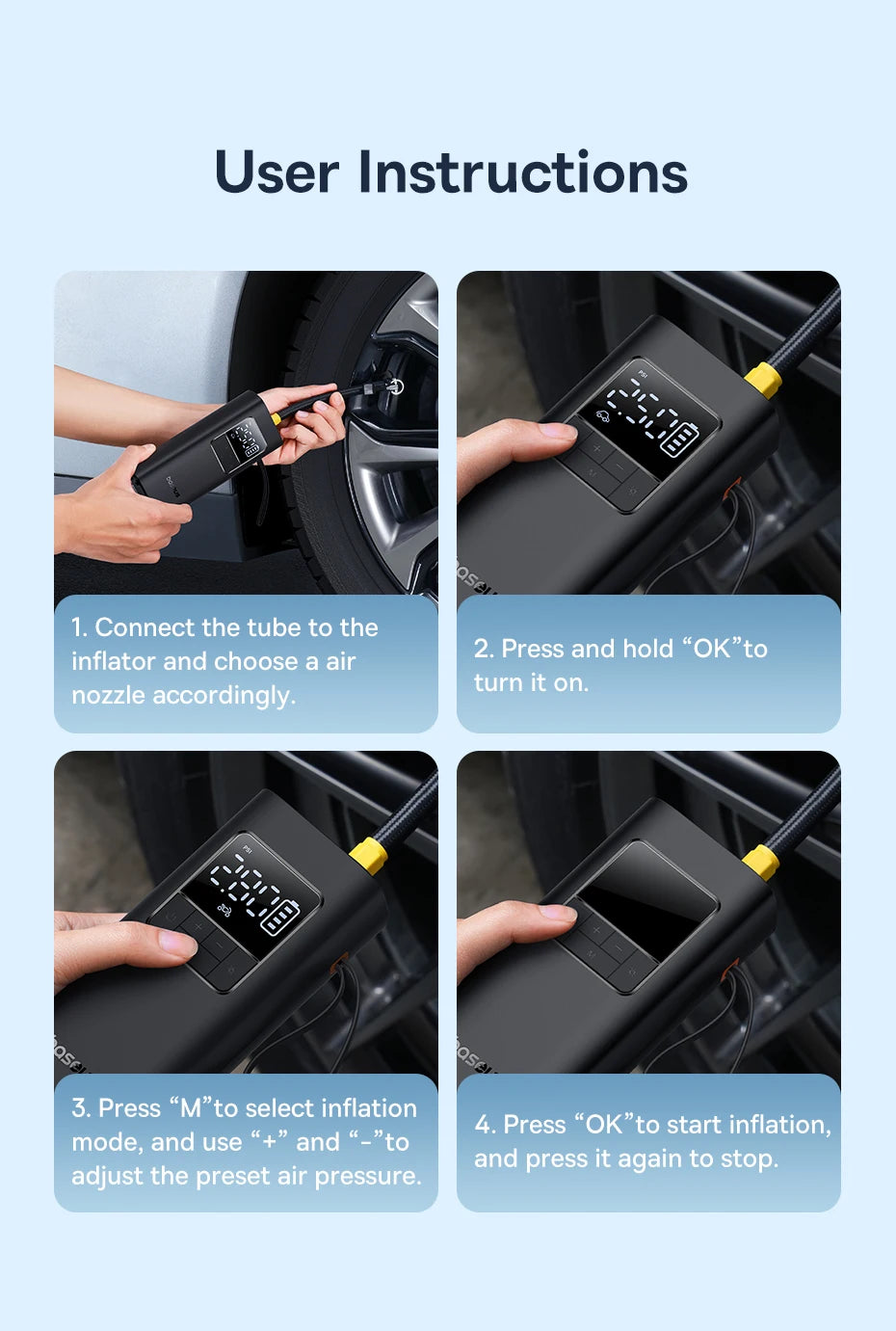 Baseus Wireless Air Pump Portable Air Compressor Smart Digital Electric Car Air Pump for Car Motorcycle Bicycle Inflator Pump