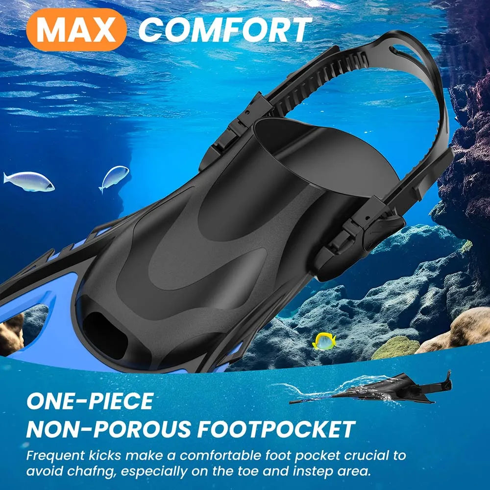 Snorkel Fins Swim Fins Travel Size Short Adjustable for Snorkeling Diving Adult Men Women Unisex Open Heel Swimming Flippers