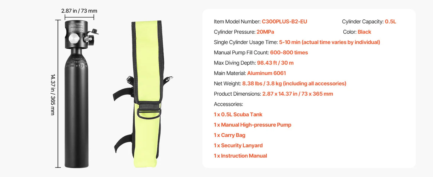 SucceBuy Scuba Tank 0.5 L Portable Diving Tank Diving Oxygen Cylinder Support 5-10 Minutes Underwater Breathing 98.43 ft Depth