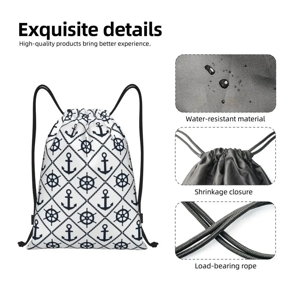 Custom Anchor And Navy Blue Stripes Drawstring Backpack Women Men Gym Sport Sackpack Portable Nautical Sailor Shopping Bag Sack