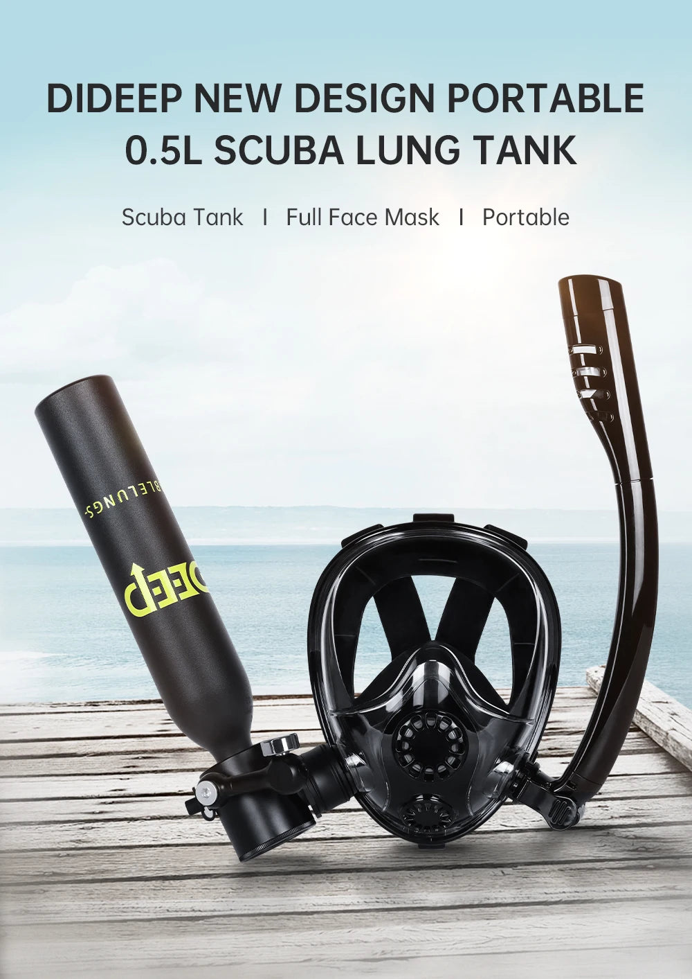DIDEEP 0.5Liter Mini Scuba Diving Tank Set,Up to 5-10 Mins Underwater Diving Cylinder,Portable Lungs Gear with HD Full Face Mask