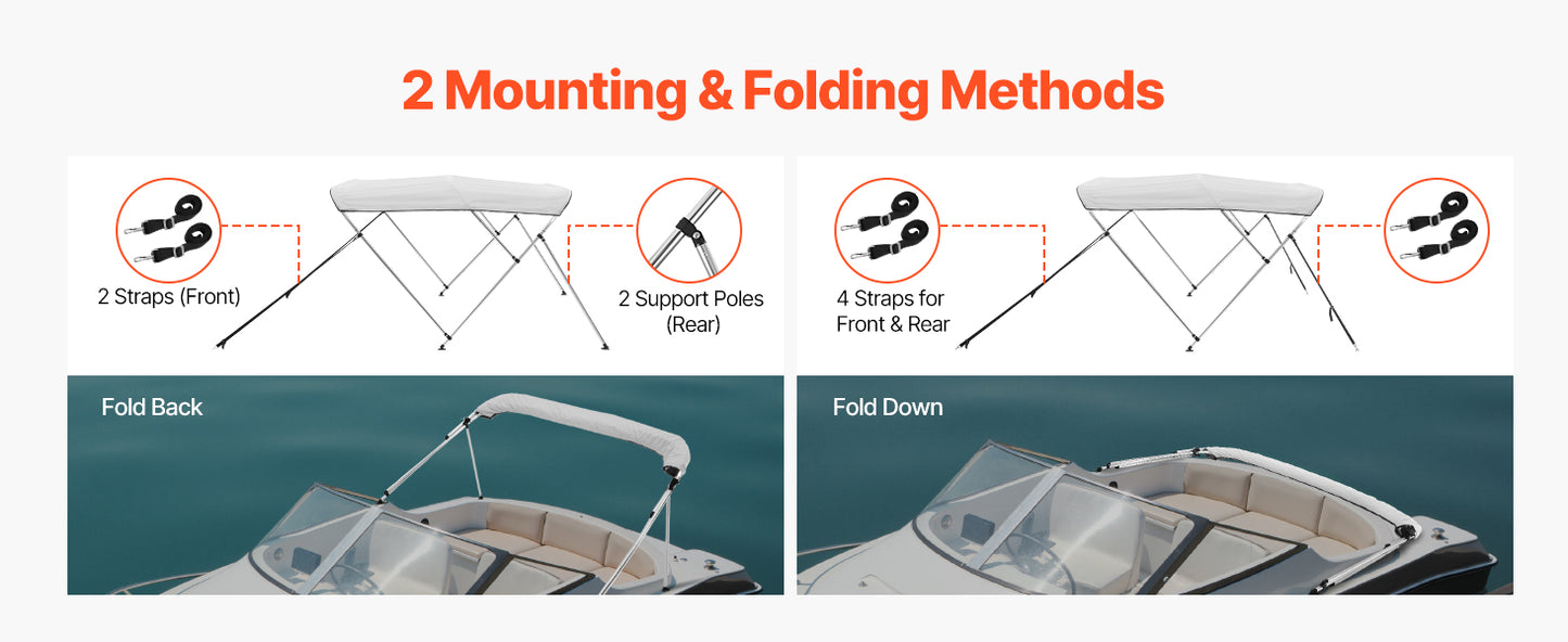 SucceBuy 3 Bow Boat Bimini Tops 600D Polyester Canopy with Aluminum Alloy Frame, Waterproof&Sun Shade Awning Canopy Fit for Boat