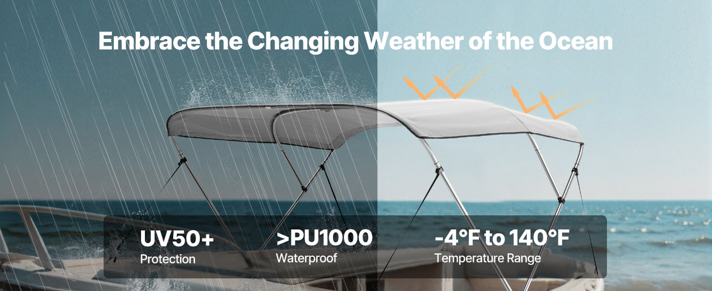 SucceBuy 3 Bow Boat Bimini Tops 600D Polyester Canopy with Aluminum Alloy Frame, Waterproof&Sun Shade Awning Canopy Fit for Boat