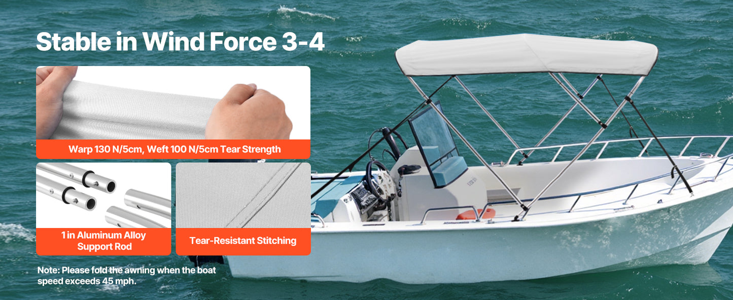 SucceBuy 3 Bow Boat Bimini Tops 600D Polyester Canopy with Aluminum Alloy Frame, Waterproof&Sun Shade Awning Canopy Fit for Boat