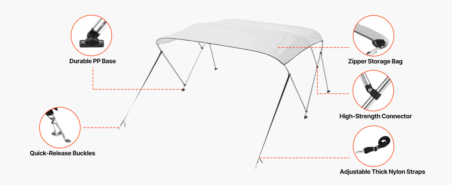 SucceBuy 3 Bow Boat Bimini Tops 600D Polyester Canopy with Aluminum Alloy Frame, Waterproof&Sun Shade Awning Canopy Fit for Boat