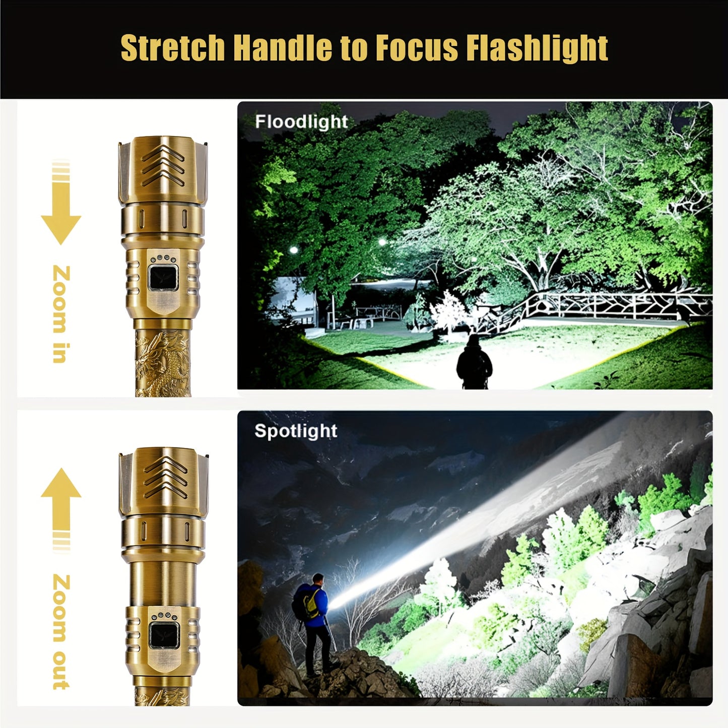 SKYFIRE LED High-brightness Golden Dragon Pattern Flashlight, 4000mAh Rechargeable Flashlight with Ignition Lens, Zoom Function, Four Modes, Suitable for Camping, Outdoor And Household Use, Mini Flashlight Rechargeable, Super