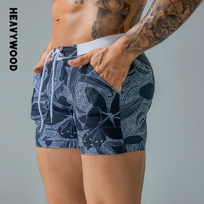 Heavywood Summer Men&#39;s Beach Swimming Trunks Drawstring Elastic Waist Swimsuit Shorts Man Plus Size Quick Drying Swimwear Shorts