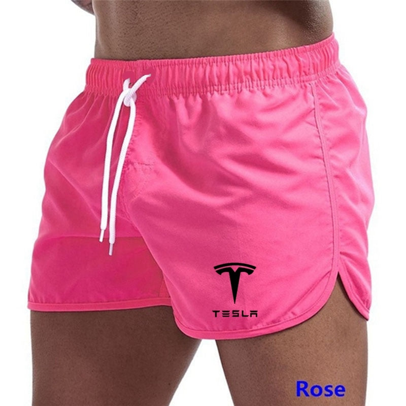 Tesla calções masculinos de verão roupa de banho masculina troncos de natação boxer curto sexy praia shorts prancha de surf calças de roupas masculinas